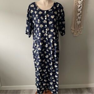 90s Vintage Plus Preferred Daisy Front Button Down Maxi Tea Dress Navy Blue